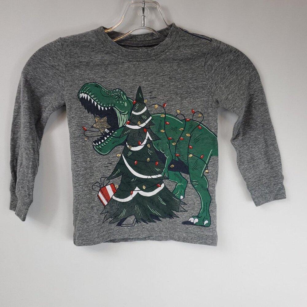 Carters Boys Long Sleeve Grey Toddler Christmas T Rex Christmas Tree Tee Sz 3T